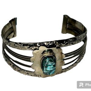 Vintage Egyptian Revival Blue Turquoise Scarab Silver Cuff